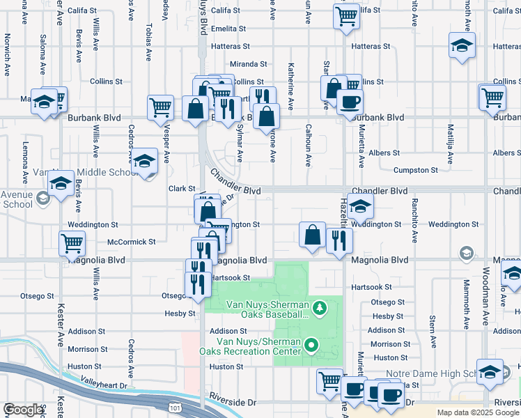 map of restaurants, bars, coffee shops, grocery stores, and more near 5326 Lennox Avenue in Los Angeles