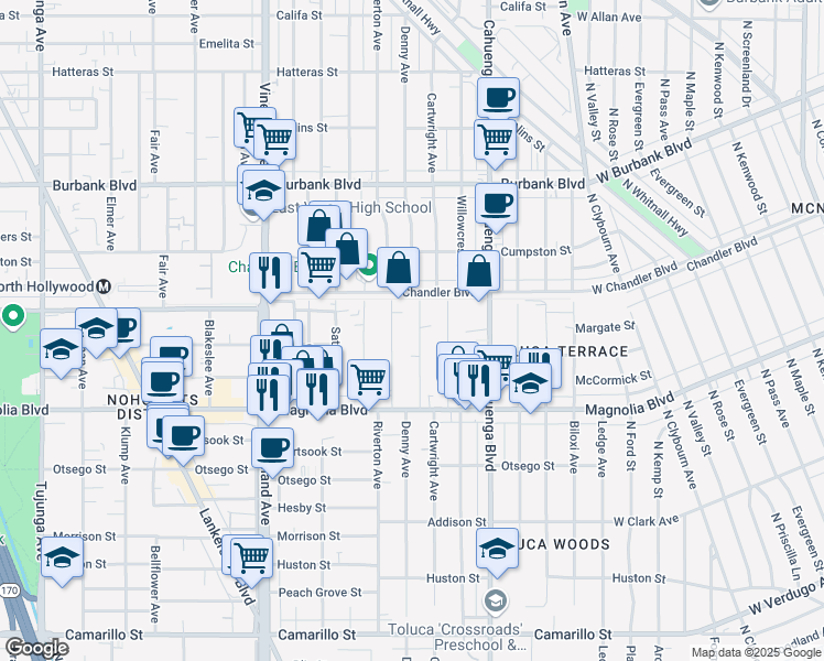 map of restaurants, bars, coffee shops, grocery stores, and more near 5325 Denny Avenue in North Hollywood