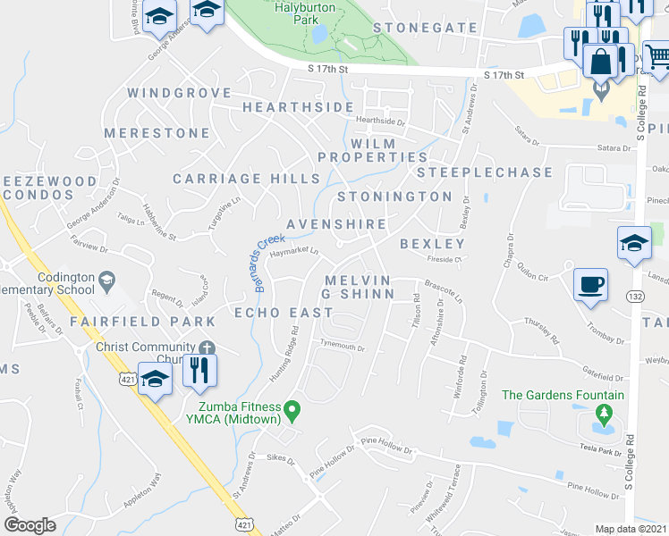 map of restaurants, bars, coffee shops, grocery stores, and more near 1110 Saint Andrews Drive in Wilmington