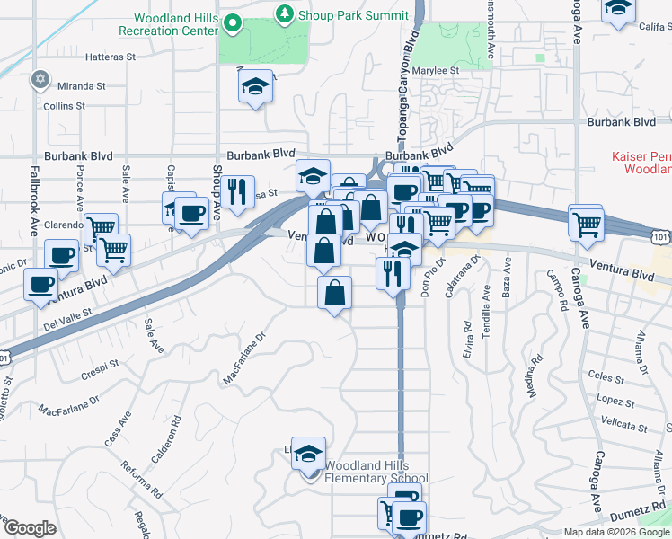 map of restaurants, bars, coffee shops, grocery stores, and more near 22122 Costanso Street in Los Angeles