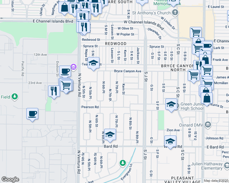 map of restaurants, bars, coffee shops, grocery stores, and more near 1785 North 7th Place in Port Hueneme