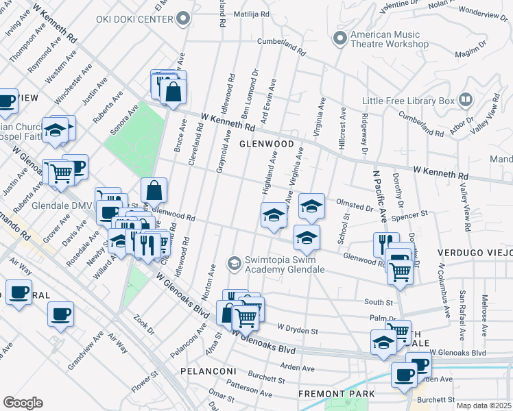 map of restaurants, bars, coffee shops, grocery stores, and more near 1339 Highland Avenue in Glendale