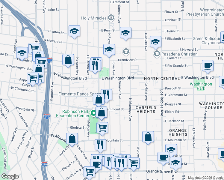 map of restaurants, bars, coffee shops, grocery stores, and more near 1252 North Raymond Avenue in Pasadena