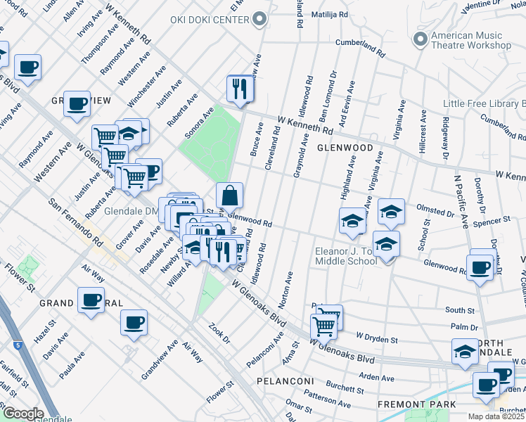map of restaurants, bars, coffee shops, grocery stores, and more near Cleveland Road in Glendale
