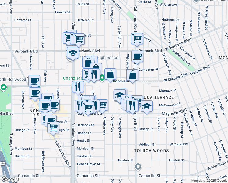 map of restaurants, bars, coffee shops, grocery stores, and more near 5314 Riverton Avenue in Los Angeles