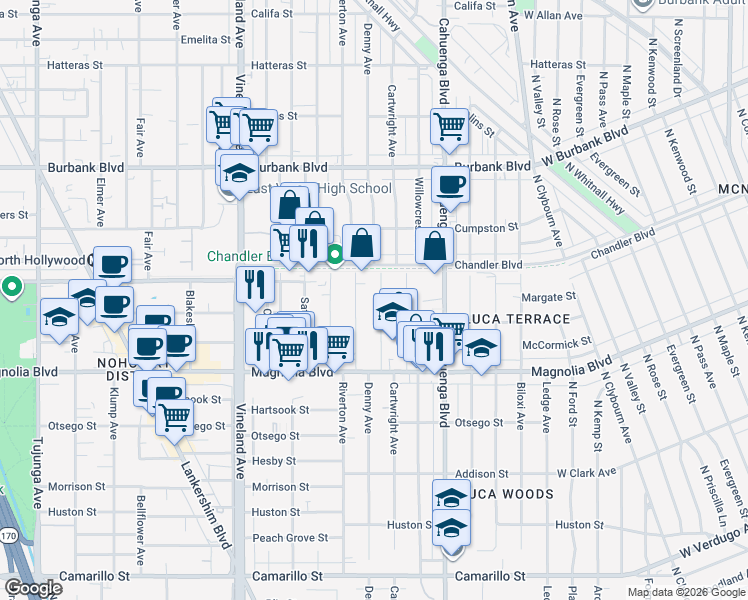 map of restaurants, bars, coffee shops, grocery stores, and more near 5325 Denny Avenue in Los Angeles