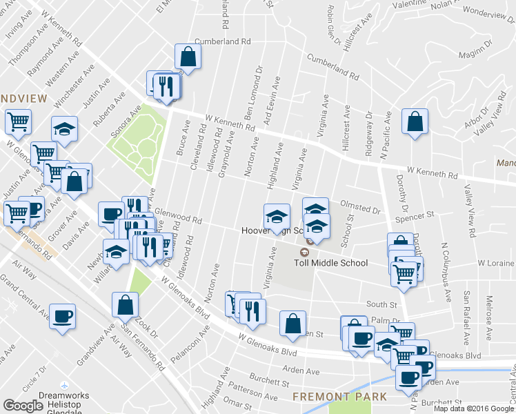 map of restaurants, bars, coffee shops, grocery stores, and more near 1339 Highland Avenue in Glendale
