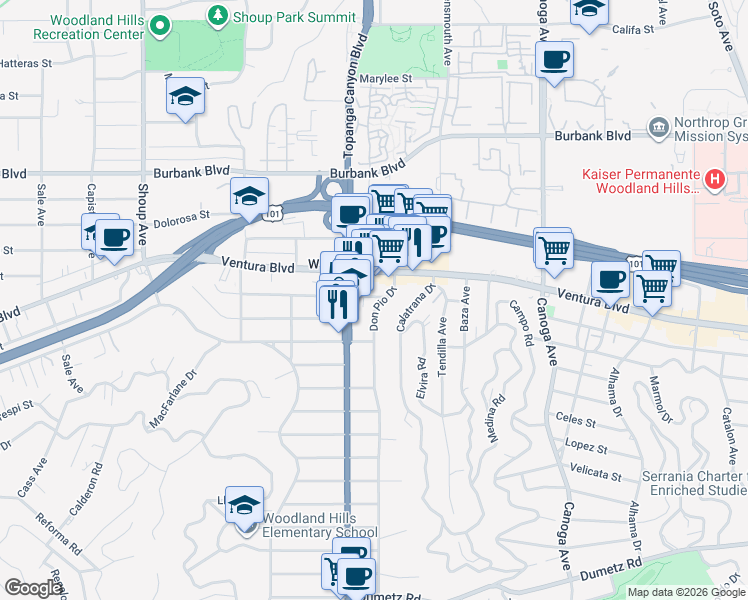 map of restaurants, bars, coffee shops, grocery stores, and more near 5353 Don Pio Drive in Los Angeles