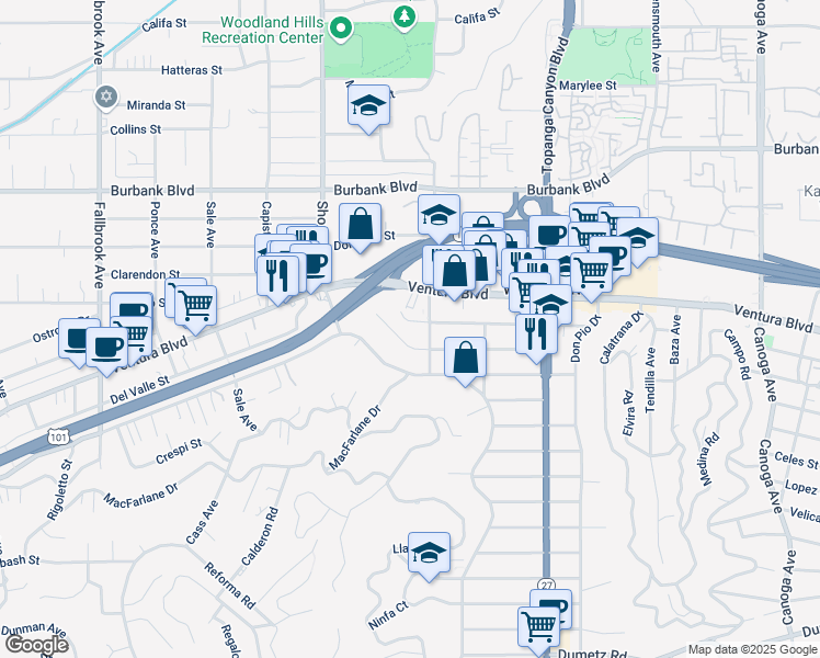 map of restaurants, bars, coffee shops, grocery stores, and more near 22220 Costanso Street in Los Angeles