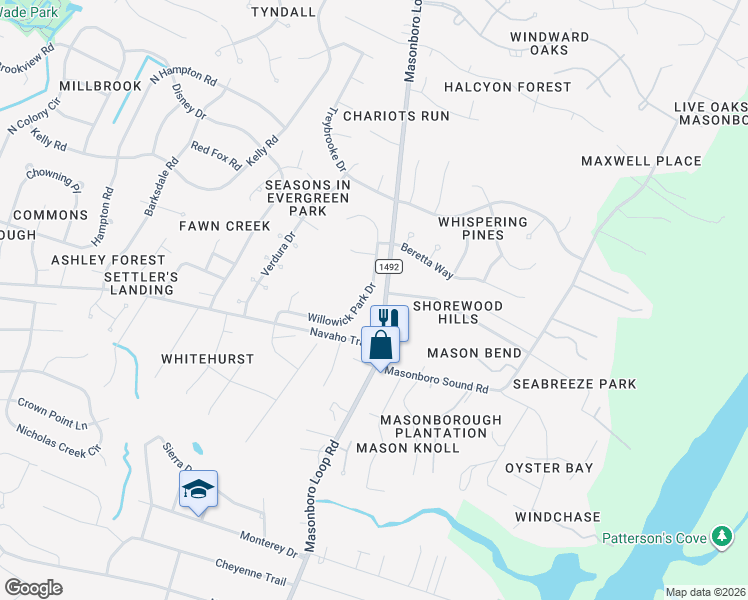 map of restaurants, bars, coffee shops, grocery stores, and more near 4006 Masonboro Loop Road in Wilmington