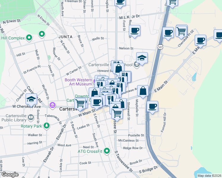 map of restaurants, bars, coffee shops, grocery stores, and more near 109 East Church Street in Cartersville