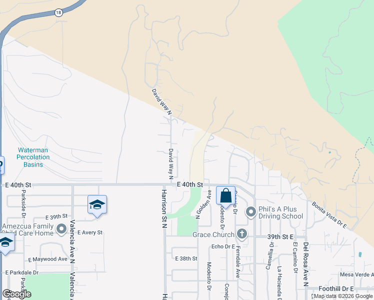 map of restaurants, bars, coffee shops, grocery stores, and more near 4040 Harrison Canyon Road North in San Bernardino