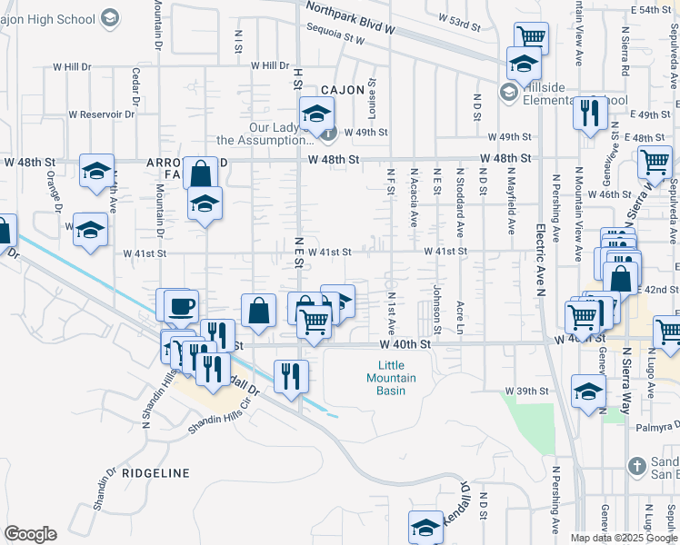 map of restaurants, bars, coffee shops, grocery stores, and more near 4060 Granados Drive in San Bernardino County