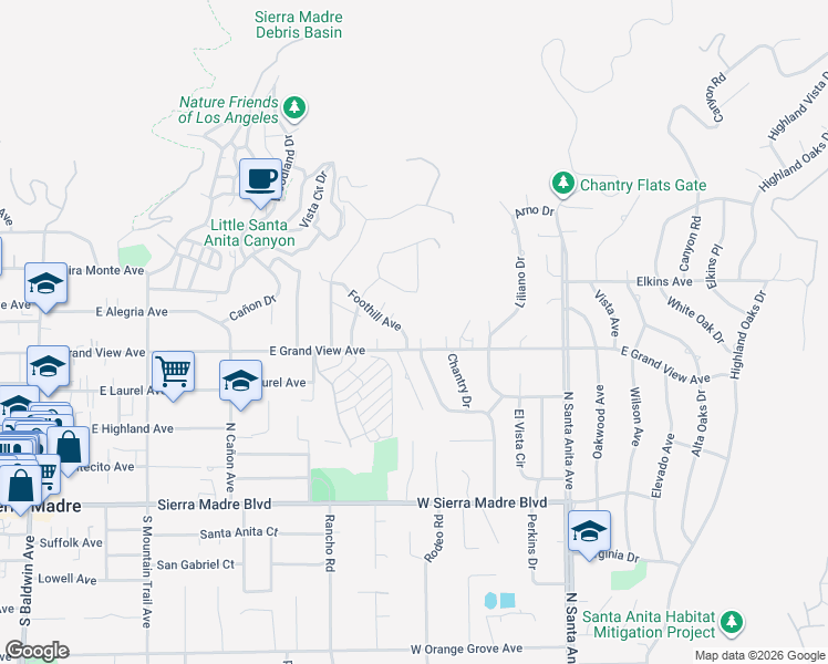 map of restaurants, bars, coffee shops, grocery stores, and more near 715 West Grand View Avenue in Sierra Madre