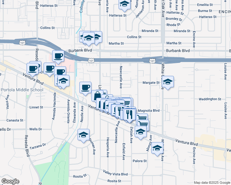 map of restaurants, bars, coffee shops, grocery stores, and more near 5325 Newcastle Avenue in Los Angeles
