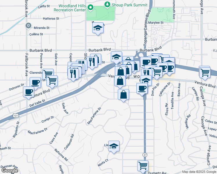 map of restaurants, bars, coffee shops, grocery stores, and more near 22220 Costanso Street in Los Angeles