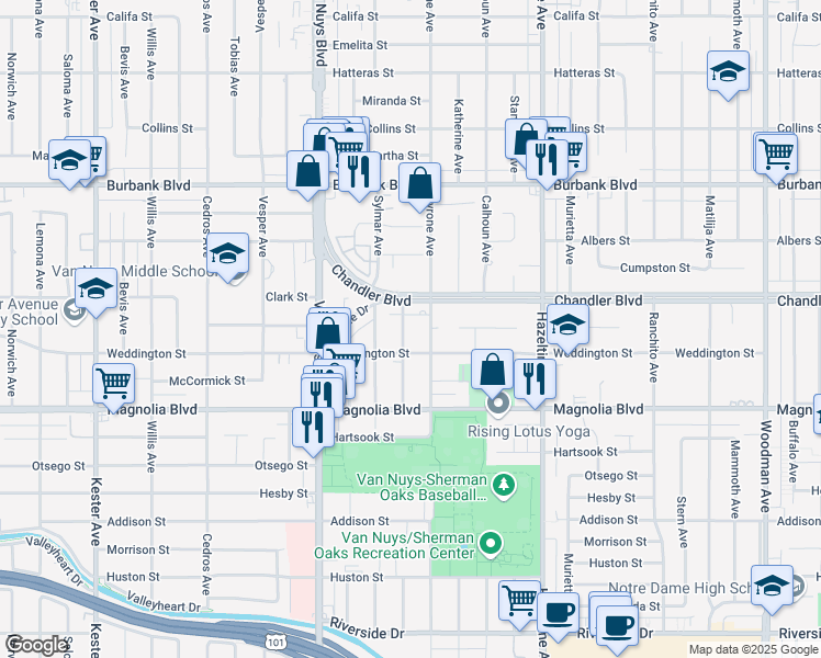 map of restaurants, bars, coffee shops, grocery stores, and more near 5326 Lennox Avenue in Los Angeles