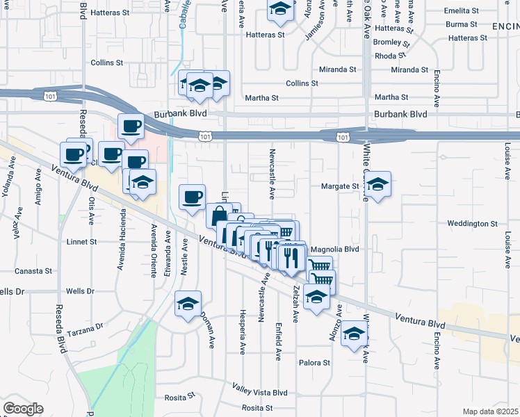 map of restaurants, bars, coffee shops, grocery stores, and more near 5325 Newcastle Avenue in Los Angeles