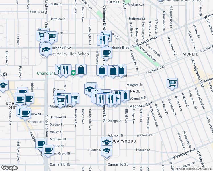 map of restaurants, bars, coffee shops, grocery stores, and more near 5326 Cahuenga Boulevard in Los Angeles