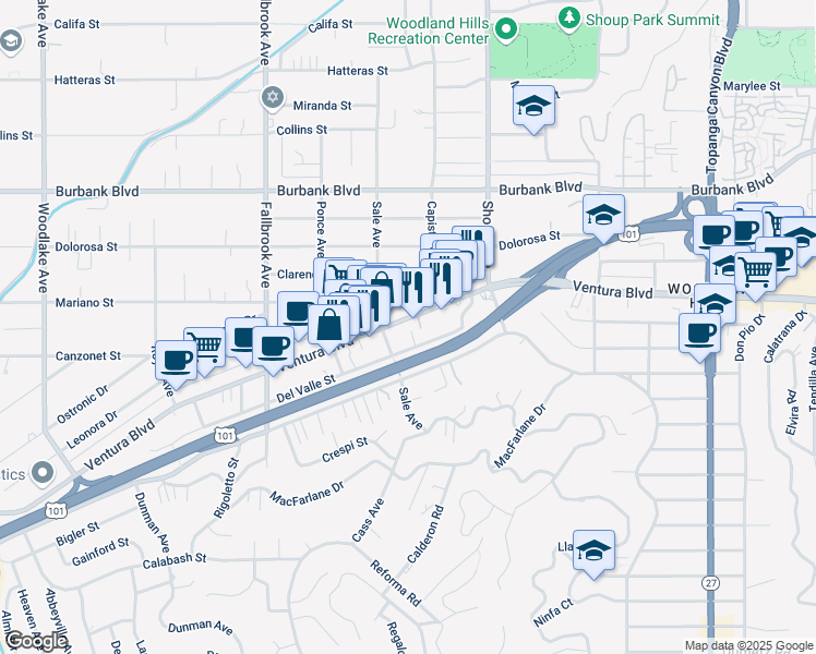 map of restaurants, bars, coffee shops, grocery stores, and more near 22515 Del Valle Street in Los Angeles