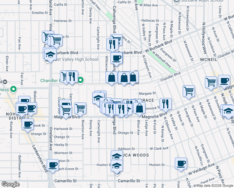 map of restaurants, bars, coffee shops, grocery stores, and more near 5326 Cahuenga Boulevard in Los Angeles