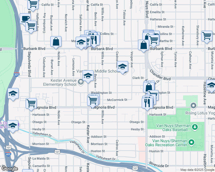 map of restaurants, bars, coffee shops, grocery stores, and more near 5327 Natick Avenue in Los Angeles