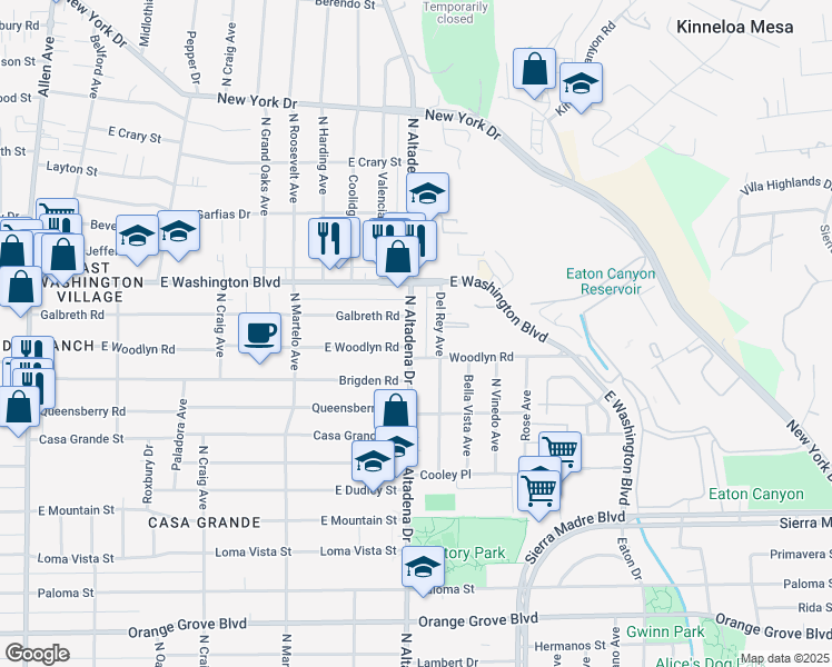 map of restaurants, bars, coffee shops, grocery stores, and more near 1230 North Altadena Drive in Pasadena
