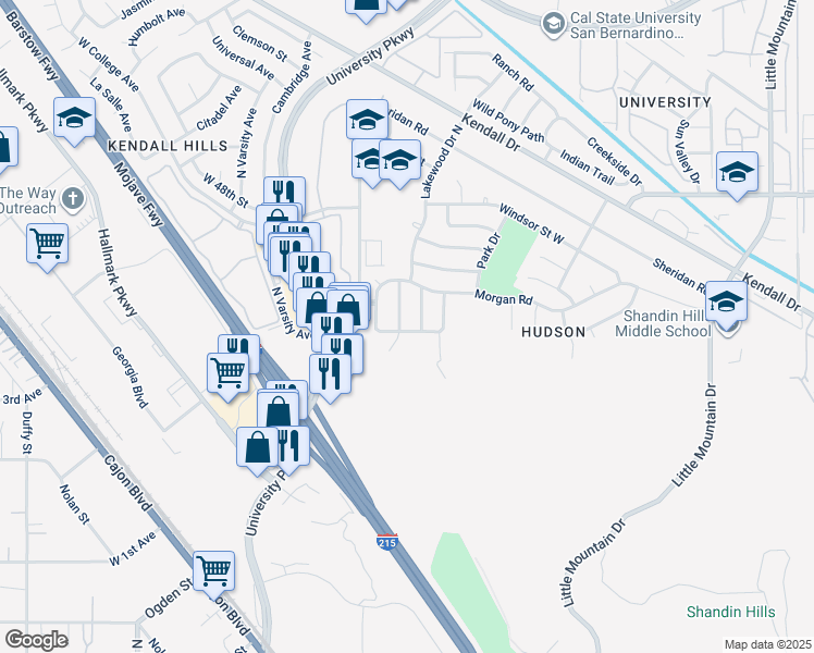 map of restaurants, bars, coffee shops, grocery stores, and more near 1621 Grossmont Road in San Bernardino