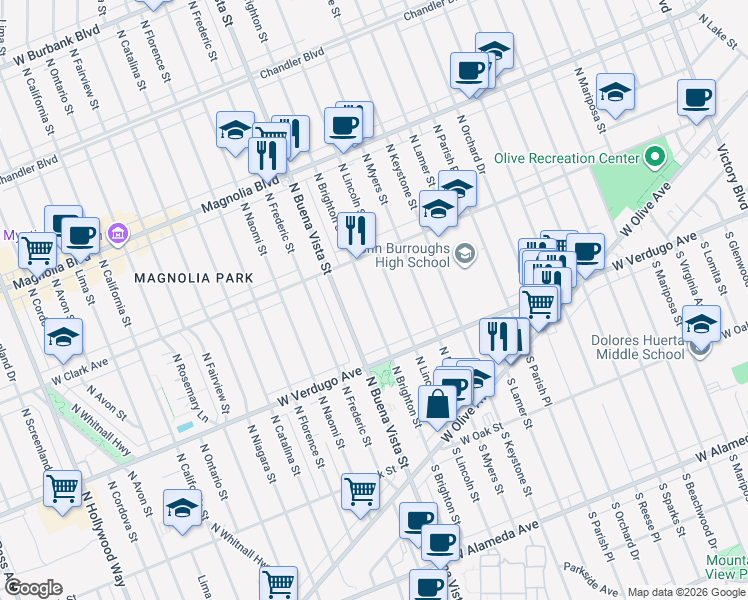 map of restaurants, bars, coffee shops, grocery stores, and more near 408 North Brighton Street in Burbank