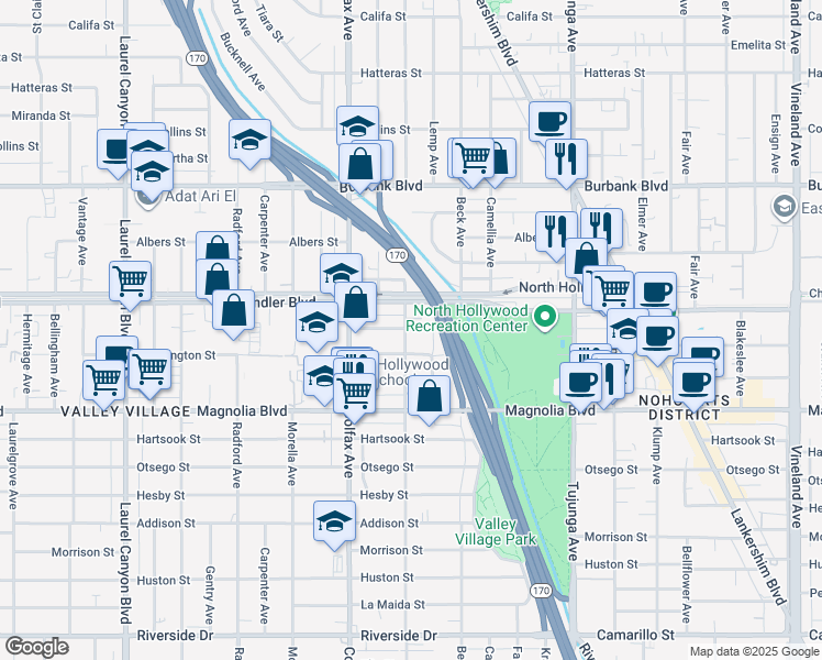 map of restaurants, bars, coffee shops, grocery stores, and more near 5324 Irvine Avenue in Los Angeles