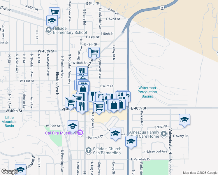 map of restaurants, bars, coffee shops, grocery stores, and more near 224 East 42nd Street in San Bernardino