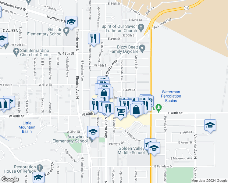 map of restaurants, bars, coffee shops, grocery stores, and more near 4202 Sepulveda Avenue in San Bernardino