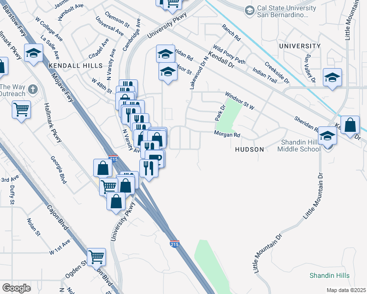 map of restaurants, bars, coffee shops, grocery stores, and more near 1621 Grossmont Road in San Bernardino