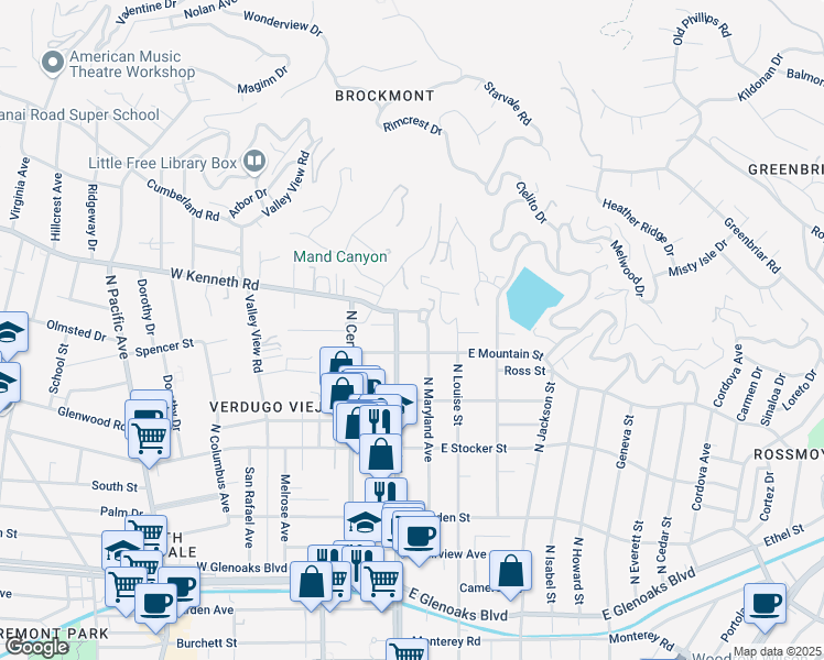 map of restaurants, bars, coffee shops, grocery stores, and more near 131 East Mountain Street in Glendale