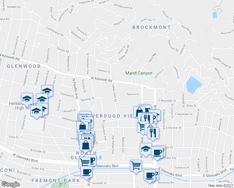 map of restaurants, bars, coffee shops, grocery stores, and more near 1400 Valley View Road in Glendale