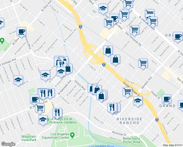 map of restaurants, bars, coffee shops, grocery stores, and more near 221 West Elm Avenue in Burbank