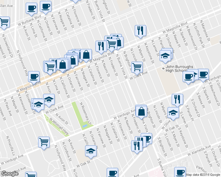 map of restaurants, bars, coffee shops, grocery stores, and more near 529 North Naomi Street in Burbank