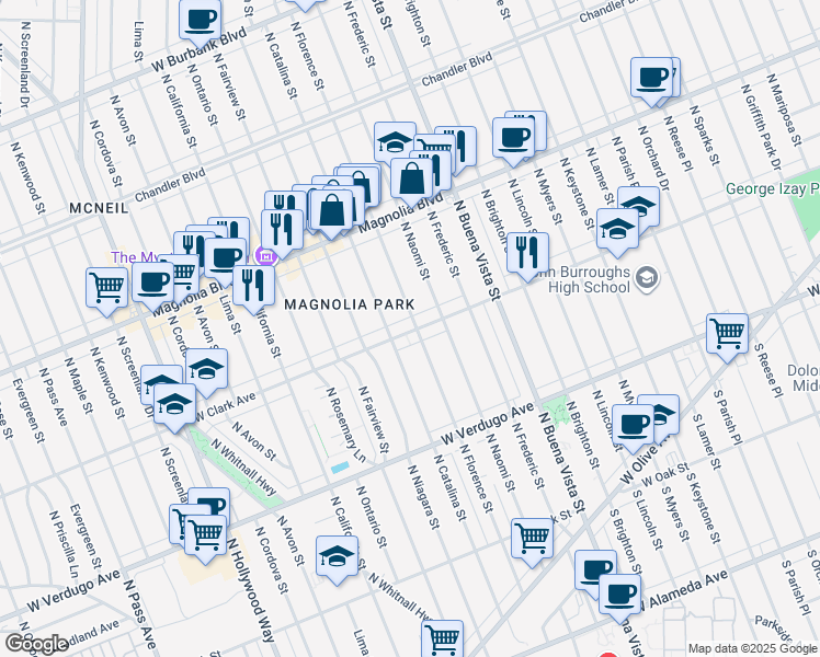 map of restaurants, bars, coffee shops, grocery stores, and more near 2816 West Clark Avenue in Burbank