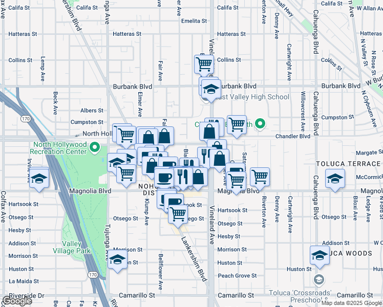 map of restaurants, bars, coffee shops, grocery stores, and more near 11061 Weddington Street in Los Angeles
