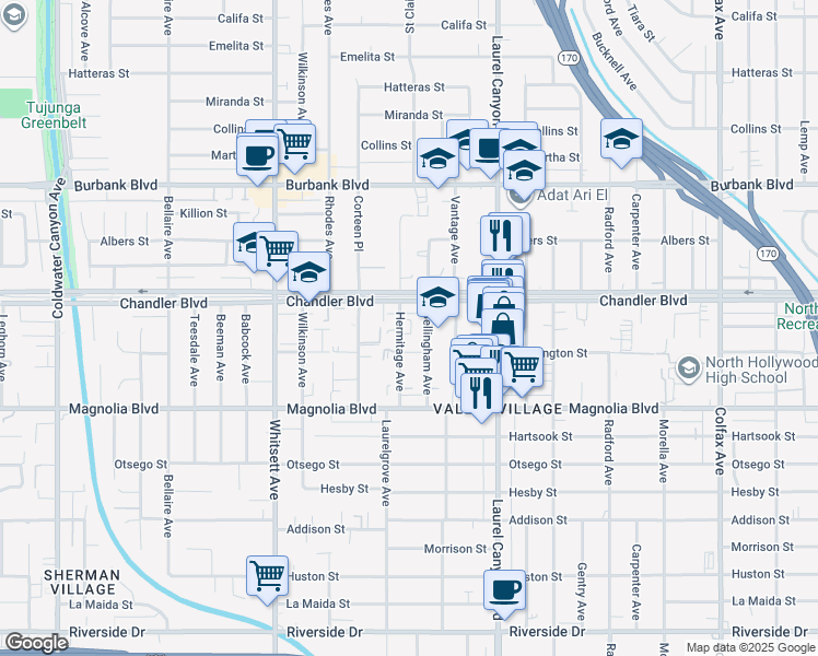 map of restaurants, bars, coffee shops, grocery stores, and more near in Los Angeles