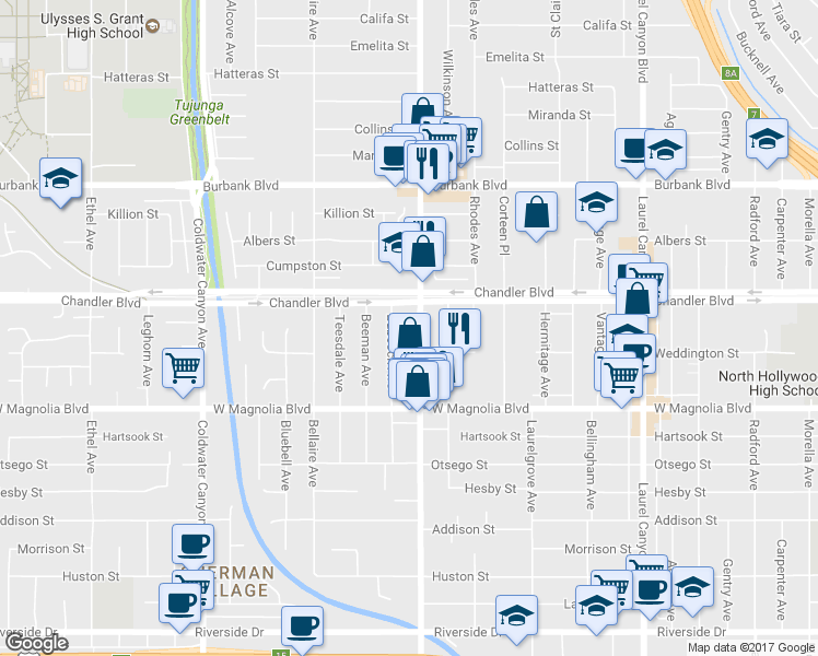 map of restaurants, bars, coffee shops, grocery stores, and more near 5309 Whitsett Avenue in Los Angeles