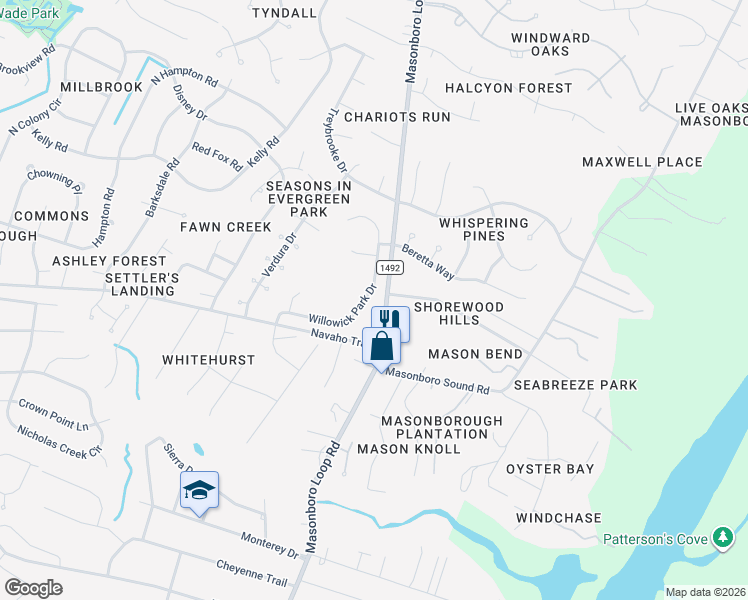 map of restaurants, bars, coffee shops, grocery stores, and more near 4006 Masonboro Loop Road in Wilmington