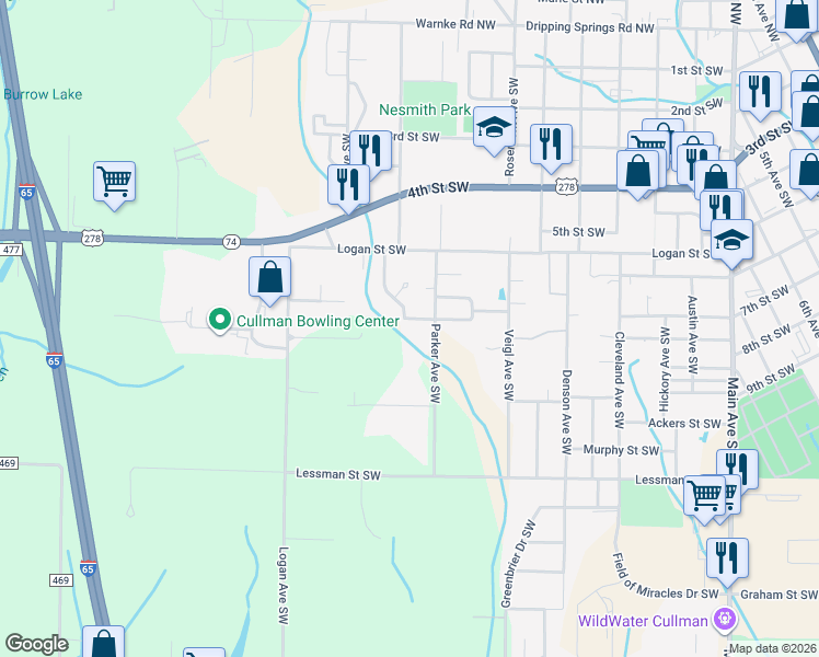 map of restaurants, bars, coffee shops, grocery stores, and more near 705 Parker Avenue Southwest in Cullman