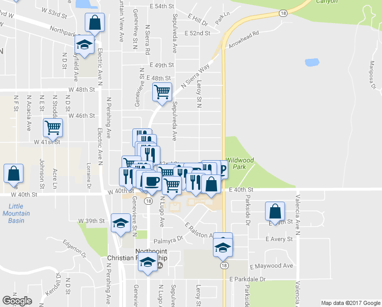 map of restaurants, bars, coffee shops, grocery stores, and more near 235 East 43rd Street in San Bernardino