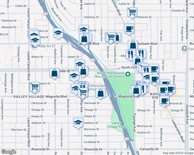 map of restaurants, bars, coffee shops, grocery stores, and more near 5324 Irvine Avenue in Los Angeles