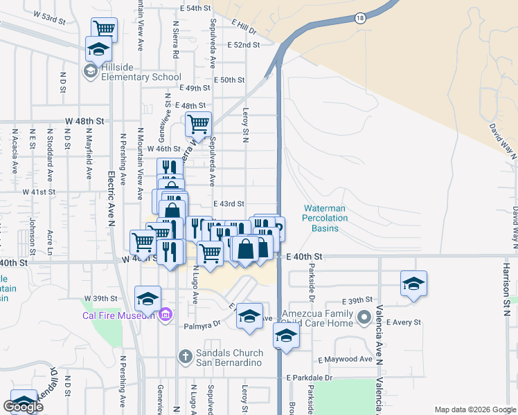map of restaurants, bars, coffee shops, grocery stores, and more near 267 East 43rd Street in San Bernardino