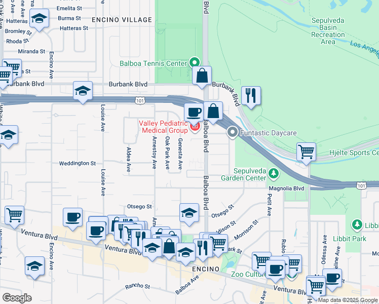 map of restaurants, bars, coffee shops, grocery stores, and more near 5301 Balboa Boulevard in Los Angeles
