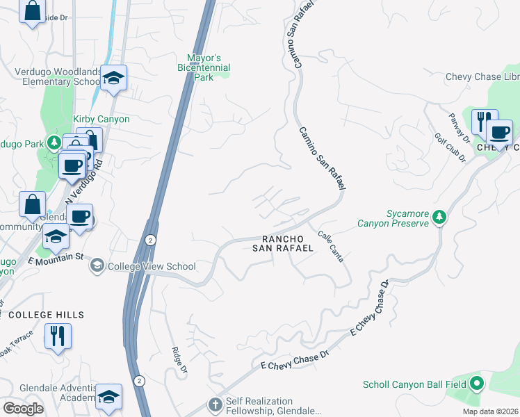map of restaurants, bars, coffee shops, grocery stores, and more near 1878 Caminito De La Playa in Glendale