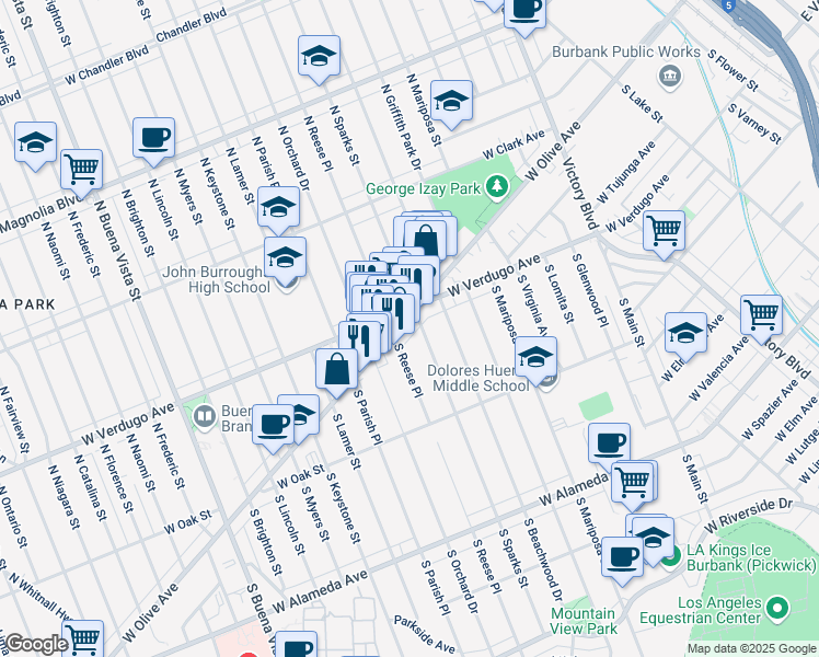 map of restaurants, bars, coffee shops, grocery stores, and more near 1700 West Olive Avenue in Burbank