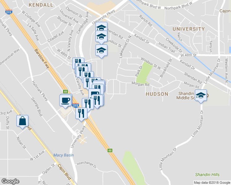 map of restaurants, bars, coffee shops, grocery stores, and more near 4305 Lakewood Drive in San Bernardino